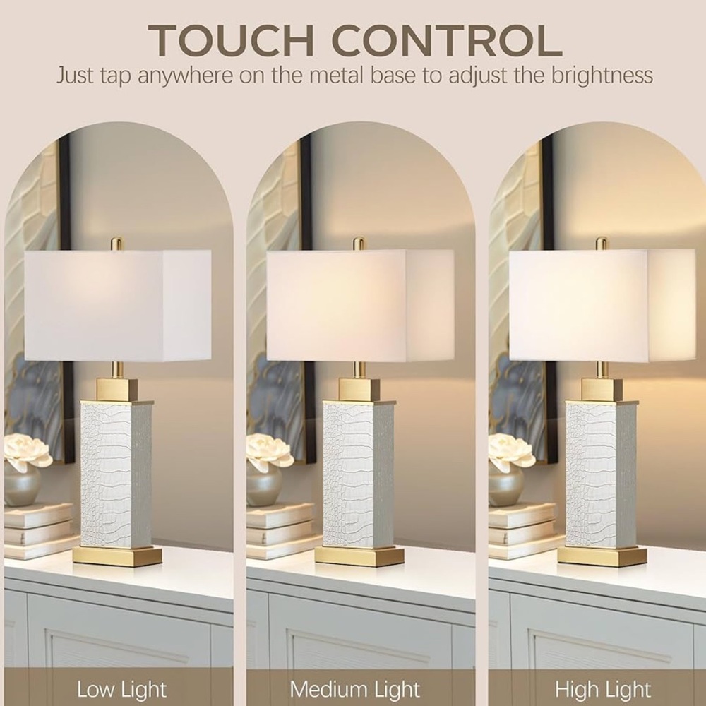 NEW! 2 Touch Control Table Lamps Rectangle Shade Faux Leather Snakeskin White - Picture 2 of 13